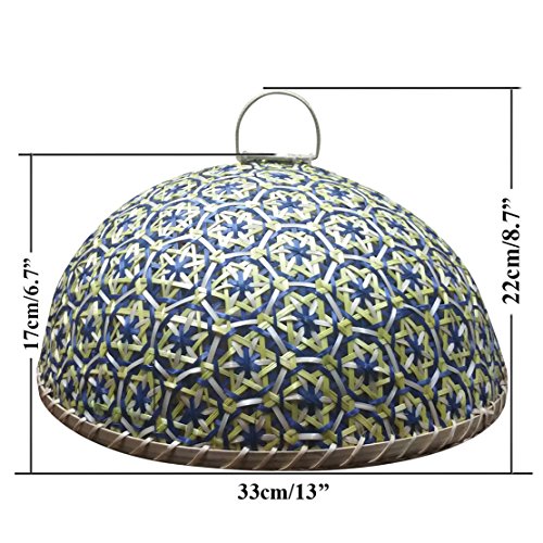 NewFerU Bamboo Woven Table Serving Tray Universal Round Food Storage Plate Platter with Handles,Fly Dome Lid Cover for Picnic Party Bread,Cake,Pizza,Dry Fruits,Dessert,Indoors Outdoors (13" Red-Cover)