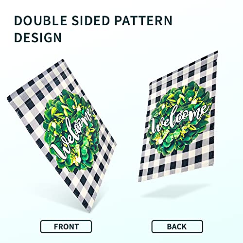 POJORY Welcome Summer Garden Flag Wreath Double Sided Burlap Spring Summer Flag Buffalo Check Plaid Small Vertical Yard Flag Farmhouse Porch Outside Decoration, 12 x 18 Inch, Black and White