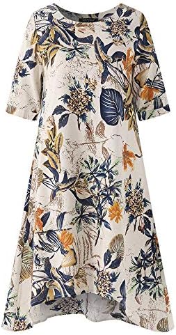 Womens Summer O-Neck Casual Floral Printed Short Sleeve Irregularity Linen Vintage Dress Black