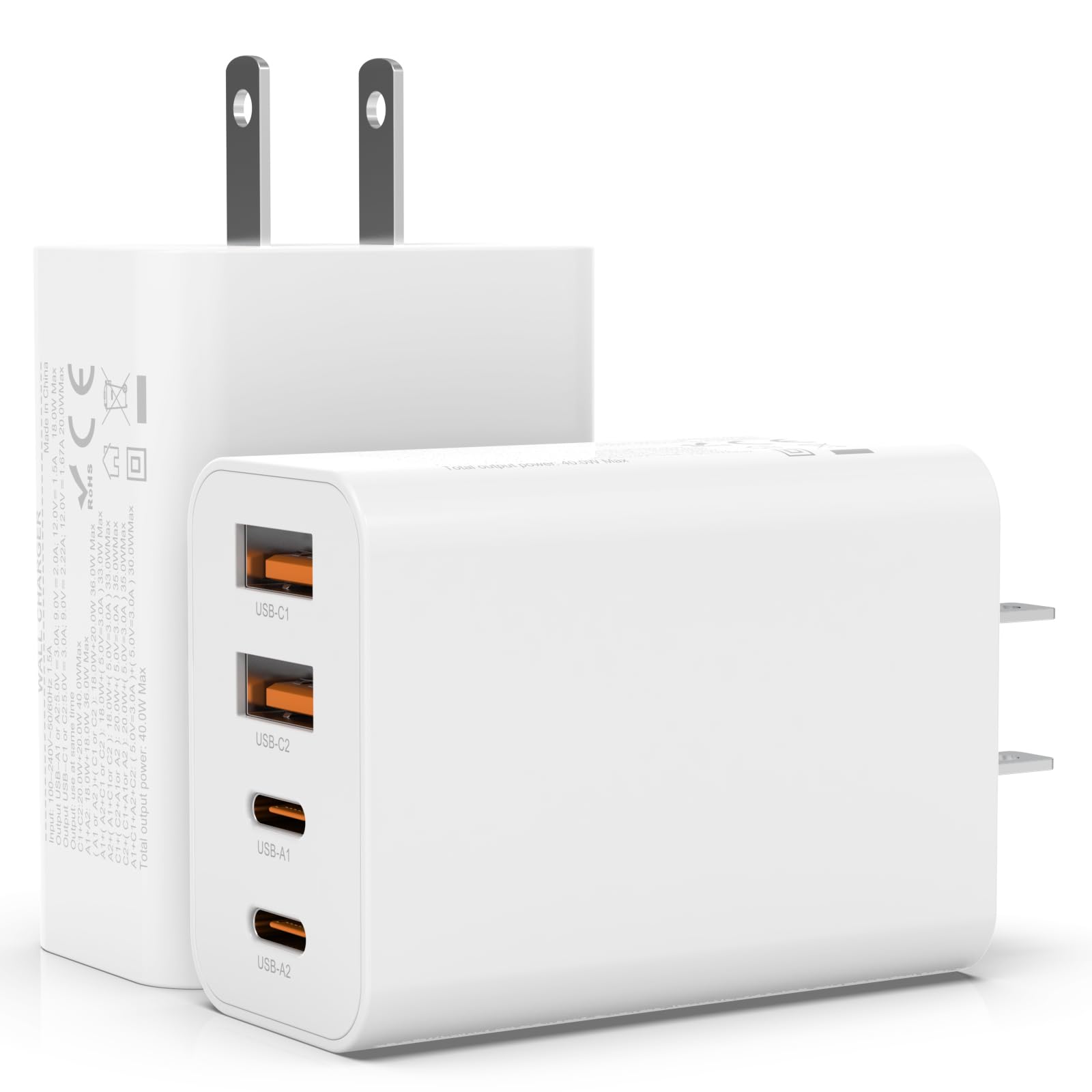 Photo 1 of 2Pack USB C Charger Block, 40W Fast USB C Wall Charger 4-Port PD Power Adapter + QC Wall Plug Multiport Type C Charging Block Cube for iPhone 16 15 14 Pro Max XR XS 8 7, iPad, Galaxy, Tablet - White