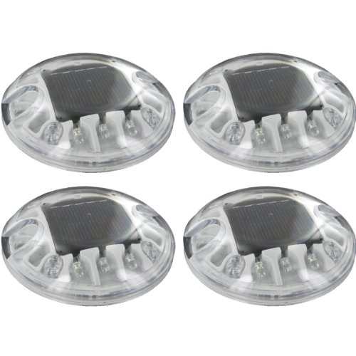 (4 Pack) Solar White LED Round Polycarbonate Road Stud Deck Dock Path Light