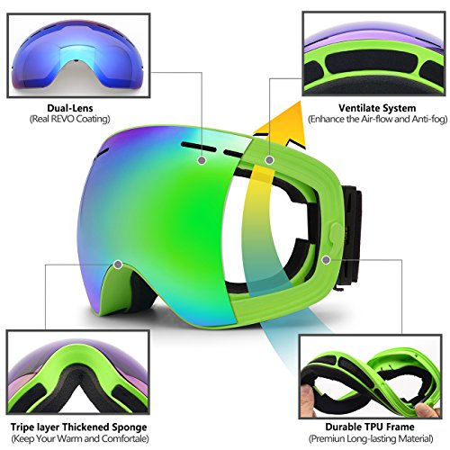 Hongdak Ski Goggles, Snowboard Goggles UV Protection, Snow Goggles Helmet Compatible for men women boys girls kids, Anti fog OTG