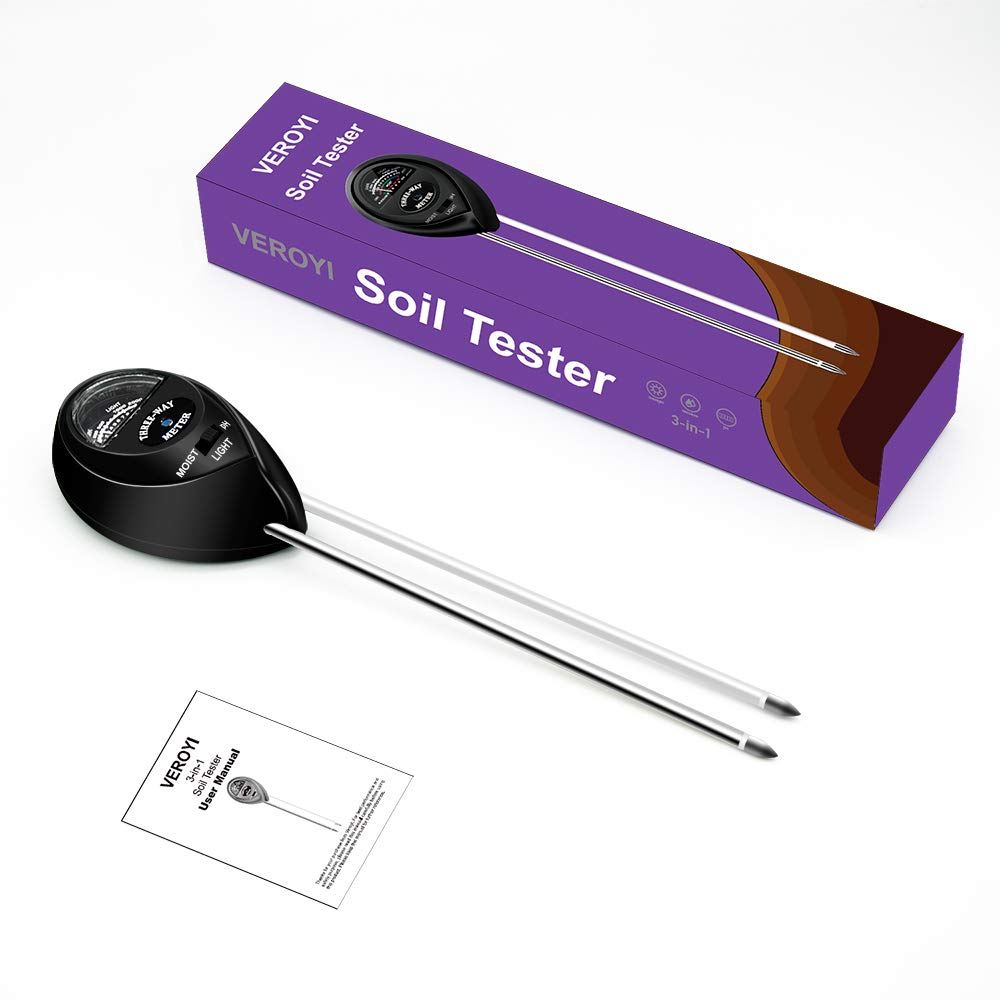 Veroyi ST03 Soil Meter, 3-in-1 Plant Moisture Meter/Soil pH Tester/Light Tester/Soil Test Kit/Gardening Tool for Gardener (Black)