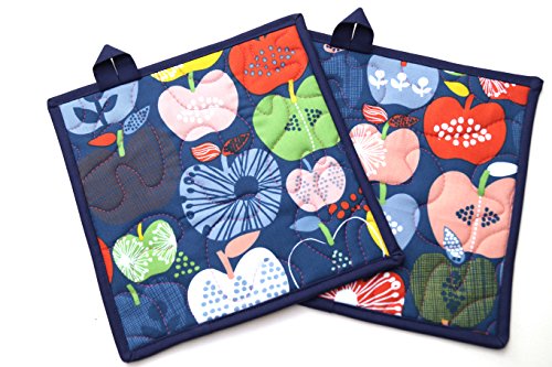 Apple Quilted Fabric Pot Holders Set in Colorful Retro Fabric