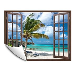 Wall Murals for Bedroom Fake Window Beach Brown Window Removable Wallpaper Peel and Stick Wall Stickers - 24x32 inches
