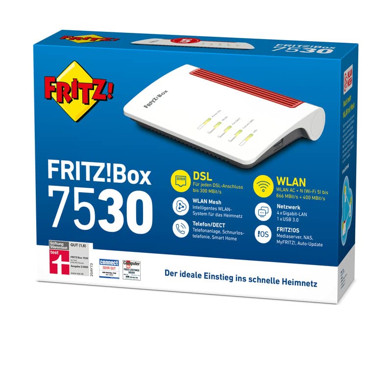 AVM FRITZ!Box 7530 WLAN AC+N Router (DSL/VDSL 866 MBit/s (5GHz) & 400 MBit/s (2,4 GHz), bis zu 300 MBit/s mit VDSL-Supervectoring 35b, WLAN Mesh, DECT-Basis, Media Server, Rot, Weiß) (Generalüberholt) 3