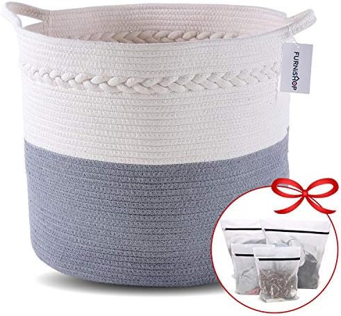 Furnishop コットンロープバスケット ブランケット用 18インチ X 16インチ 特大収納バスケット おもちゃ 枕 ベビーランドリー用 装飾的な編み込み毛布バスケット リビング 子供部屋用 ランドリーバッグ4枚付き Medium 17 X14 5 ホワイト Clemenceinvestments Com