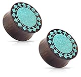 Crushed Turquoise Tribal Sunburst Inlaid Organic Sono Wood Double Flared Saddle Ear Plugs Gauges - Sold As Pair (12mm - 1/2
