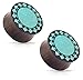 Crushed Turquoise Tribal Sunburst Inlaid Organic Sono Wood Double Flared Saddle Ear Plugs Gauges - Sold As Pair (12mm - 1/2