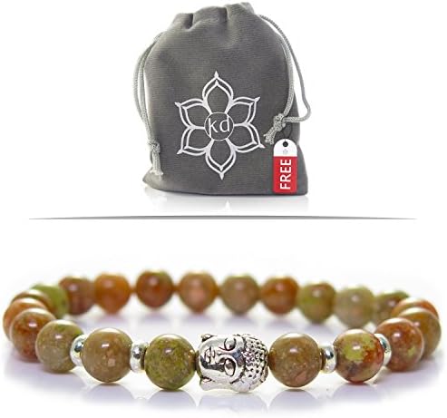 Kanti Design Unakite Buddha Bracelet - Gemstone Yoga Bracelet for Men or Women - Silvertone
