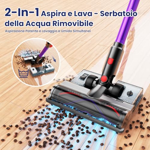 Linkifly A12 Aspirapolvere Senza Fili 50KPa, 600W, 70Min, Aspirapolvere Scopa con Serbatoio Acqua Rimovibile, Display LED Touch, Spazzola Anti-Groviglio, Pieghevole, per Tappeti, Auto e Peli Animali