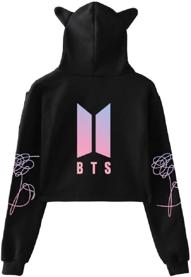BTS Love Yourself Hoodie Kpop Long Sleeve Cropped Hoodies Pink Printing Women Cat Hooded