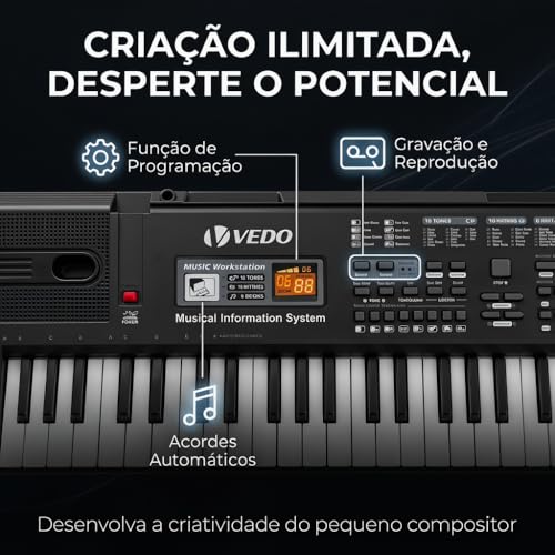 VEDO Digital Teclado 61 Teclas Infantil, Alto-Falantes Estéreo, Instrumentos Musicais Infantis, 10 Ritmos, 16 Timbres, 8 Percussão, 6 Músicas Demonstração, 2 Funções de Aprendizagem, Ótimo Presente