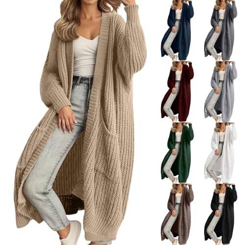 Angxiwan Long Cardigans for Women UK Navy Cardigans for Women UK Chunky Cable Knit Cardigan Casual Open Front Jumpers Long Sleeve Jackets Longline Solid Black Cardigan Plus Size