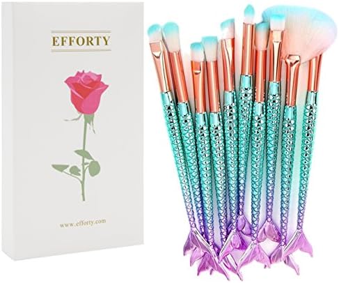Efforty Mermaid Eye Makeup Brushes Set with Gift Box 10pcs 3D Mermaid Green Gradient Eye Brush Eyeshadow Eyeliner Blending Foundation Blush Lip Cosmet