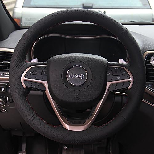 16sixteen Luxury Hand Sewing Anti-Slip Premium Nappa Leather Stitch On Car Steering Wheel Cover for Jeep Grand Cherokee, Black Cover, 9 Color Thread