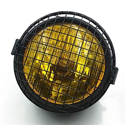 Grill Vintage Motorcycle Side Mount Headlight Head Light Lamp for Harley Honda Kawasaki Suzuki Yamaha Cafe Racer Bobber Cruiser CB GN 125 XL Custom (Black/Amber)