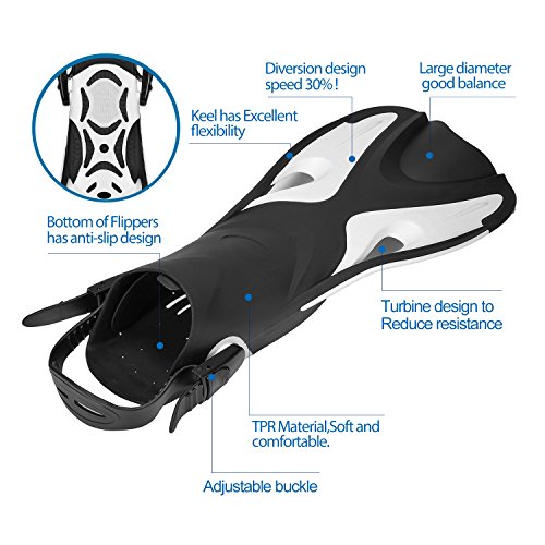 Speefish Diving Short Open Heel Training Fins, Snorkel Dive Flippers with Extra Fin Strap and Mesh Bag for Travel Snorkeling Swimming (White, S/M) - Thumbnail 2