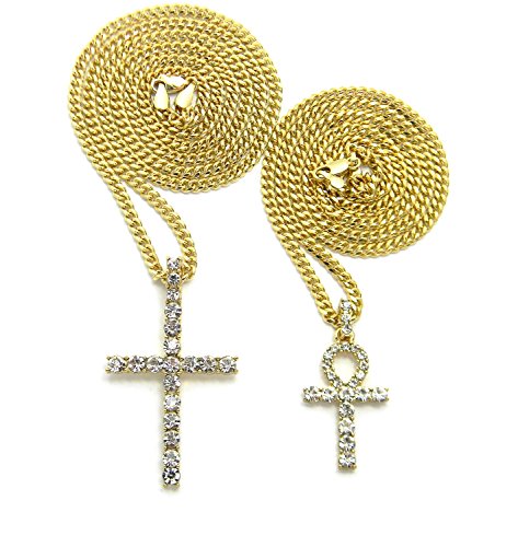 Crown Iced Out Two Pieces Egyptian Ankh, Cross Pendant 24"30" Necklace set