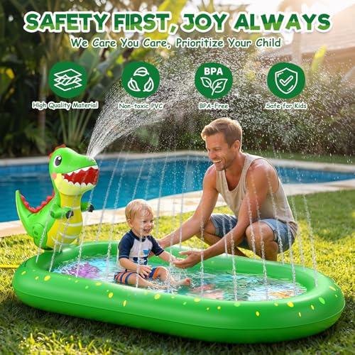 Inflatable Paddling Pool for Kids, Splash Pad for Kids, 3 in 1 Dinosaur Pattern Kids Pool Inflatables, Thickened Material with Water Pipe, Backyard Summer Water Toys for Boys and Girls Age 1+