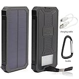 Solar Power, 12000mAh Portable Solar Powered Phone Charger Dual USB Solar External Battery Pack Power Bank for Cellphones With Solar LED Lights For Emergency or As A Camping Light (Black)
