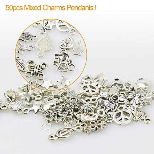 33 Feet Necklace Jewelry Chain with 50 Charms Pendants, 80 Jump Rings and 30 Lobster Clasps Stainless Steel Silver Plated Jewelry Chain for Bracelet Making Jewelry Repair