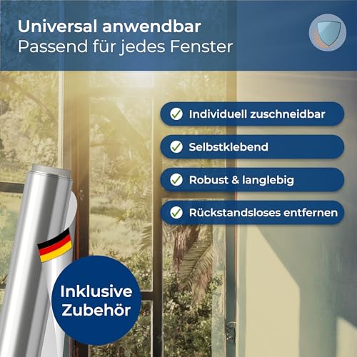 WindowShield® UV Protection Sun Protection Window Film, Inside or Outside Mirror Film, Self-Adhesive Silver Reflective Window Film, Residue-Free Sun Protection Film, 44.5 x 200 cm