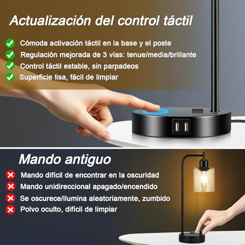 Lámpara de Mesa y Buró táctil, Lámparas de Mesa con 2 Puertos USB (A+C) y 1 Salidas de CA, 3 Niveles de Brillo, Lámpara de Escritorio para Dormitorio (bombilla incluida) (1 piezas)