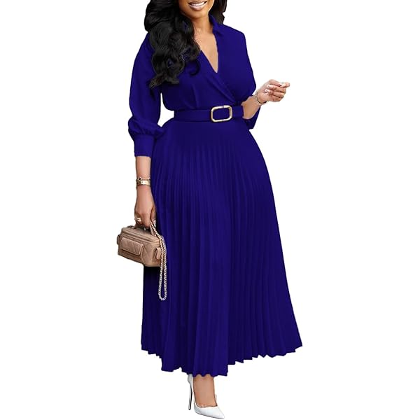BAOXJZ Summer Elegant 3/4 Sleeve V-Neck Pleat OL Long Maxi