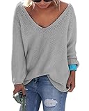 Sarin Mathews Womens Casual Autumn Deep V Neck Solid Loose Knit Pullover Sweater Grey XL