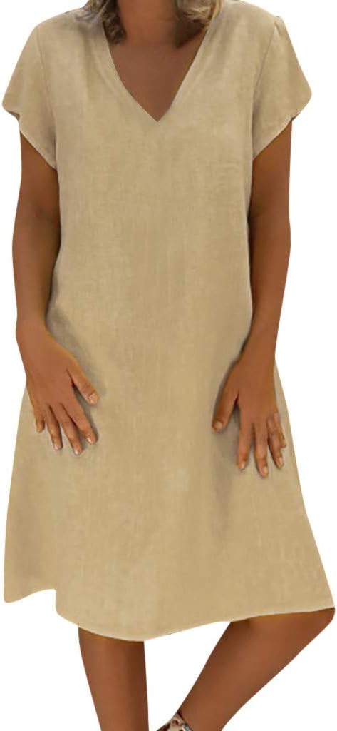 Women Tee Dress Short Sleeve Boho Solid Turn Down Collar Loose Cotton Linen Dresses Ladies Casual Pockets Button Shirt Dress Plus Size Summer Sundress