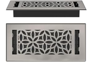 GREATER GRATES Floor Register 4x10 Vent Cover – Heavy-Duty Steel, Rustproof & Walkable Grates, Easy Drop-in Install, Adjustable Air Supply Switch - Decorative Floral Design, Brushed Nickel