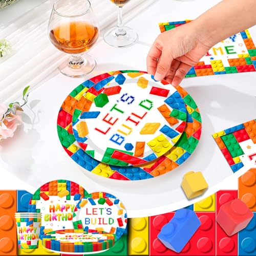 Building Blocks Party Tableware, 16 Guests Building Blocks for Parties Set Building Block Birthday Banner Plates Cups Napkins Tablecloths etc Tableware for Birthday Parties