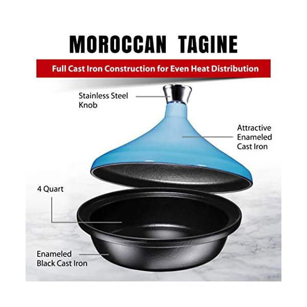 Bruntmor Blue Cast Iron Moroccan Tagine 4Quart Cooking Pot with Silver
