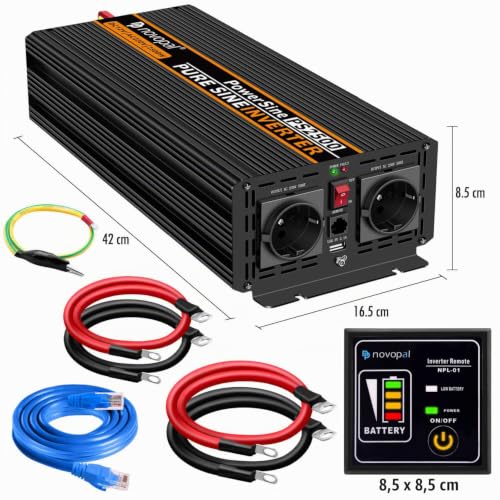NOVOPAL 2500W Inverter 12V 220v Pure Wave Voltage Converter | 5M Remote Control, 5V 2.4A USB Port, 2 AC Outlets for Car, Truck, Caravan