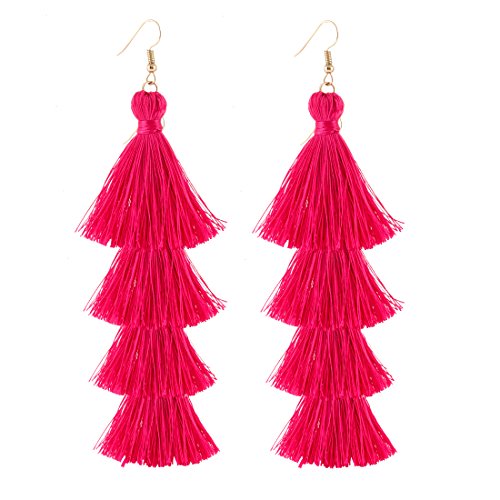 ELEARD Tassel Earrings Tiered Thread Tassel Dangle Earrings Statement Layered Tassel Drop Earrings Red