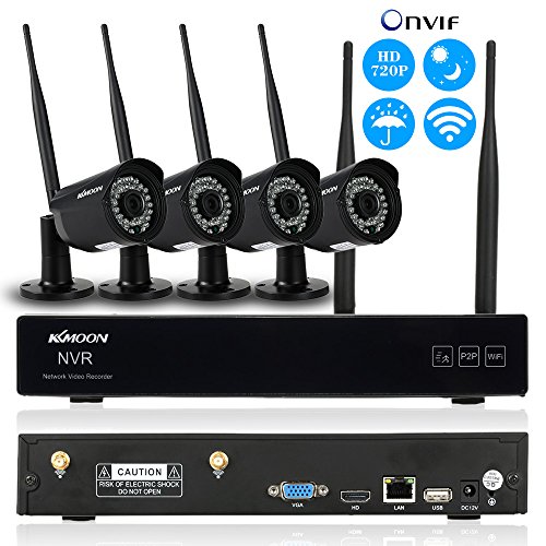 KKmoon Wirless Security System 4Ch 720P Wireless WiFi NVR System with Network Video Recorder + 4pcs 720P WiFi IP Camera Support Onvif IR Night Vision Motion Detection Weatherproof