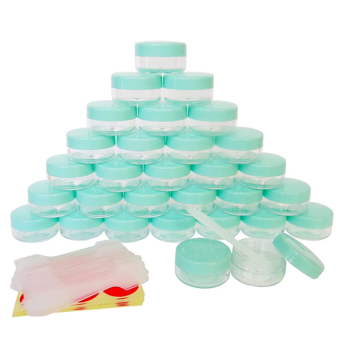 Wopanxye 30Pack 10 Gram Small Cosmetic Sample, 10ml Empty Containers for Make-up Gifts, Eye-Shadow, Nails, Powder, Gems, Beads, Jewelry, Cream, 10g Pot Jars with Green Lids + 30x Dispensing Spatulas