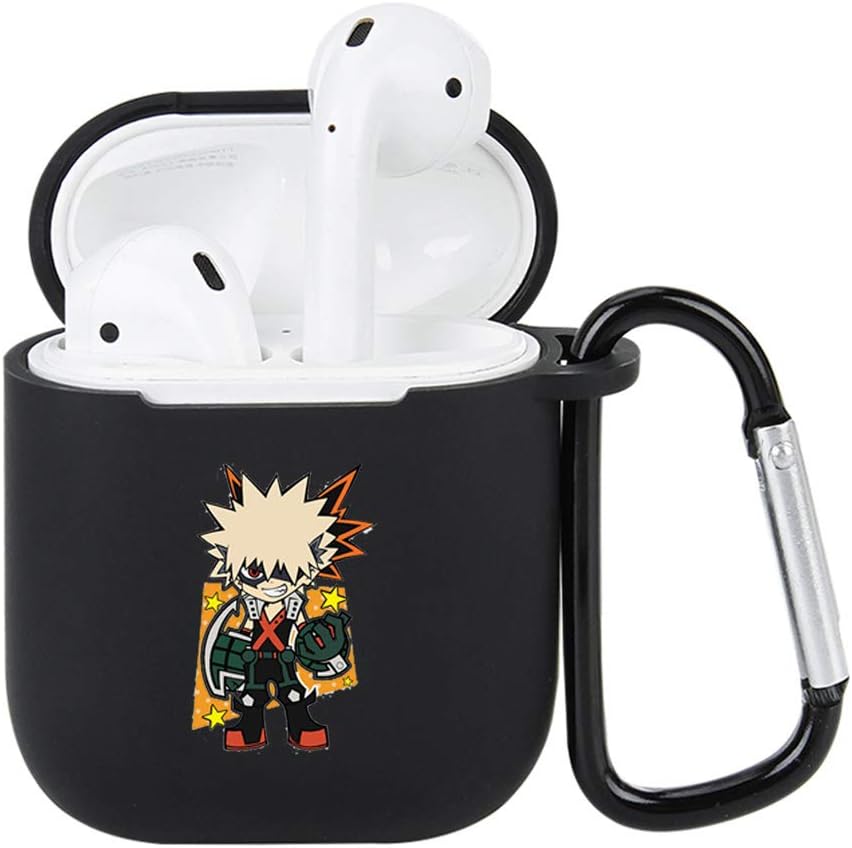 Kunandroc My Hero Academia Case for Airpods, with Anti-Lost Carabiner for Airpods 1/2, Anime Character Silicone Cover and Skin for Airpod(Black-02)