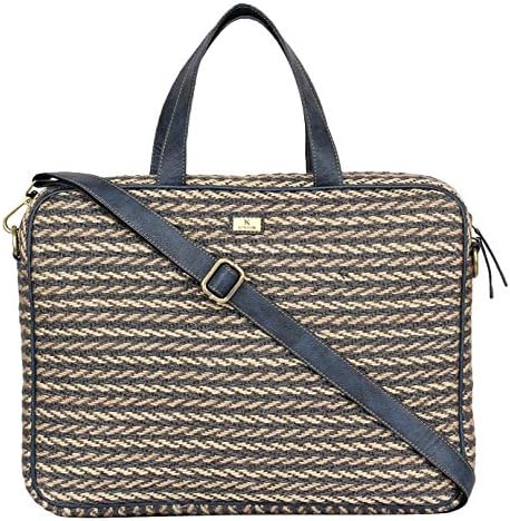 K London Eco-Friendly Beige & Grey Jute & Vegan Leather Handmade Laptop Bag Cross Over Shoulder Messenger Bag Office Bag (2101_bg_Grey_jt)