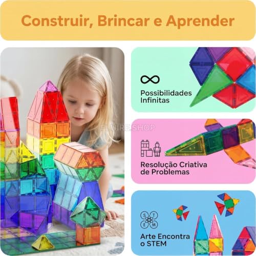 Blocos Magneticos Infantil de Montar Peças, Brinquedo Educativo Construção Infantil 2D, 3D, Jogo Pedagógico para Coordenação Motora, Raciocínio Lógico, Criatividade e Aprendizado STEM (56 peças)