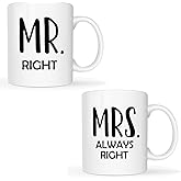 MAUAG Valentine's Day Mr Right And Mrs Always Right Coffee Mugs Set of 2, Funny Wedding Gifts for Couple Wife Husband, Newly Wed Gifts for Bride And Groom Bridal Shower for Couples, 11Oz