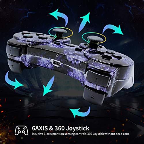 ISHAKO Double Shock PS3 Controller Wireless 2 Pack Bluetooth 6-Axis Gamepad Remote for Playstation 3 with Charge Cable (Purple Cloud + Bronze)