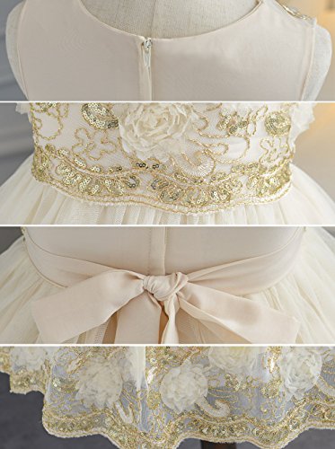 Ruffles Lace Bow Flower Tulle Princess Formal Wedding Birthday Party Dress for Toddler Baby Girl (3-4 Years, Champagne 3D) - Thumbnail 4