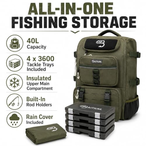 Baitium Fishing Backpack, Tackle Bag With Rod Holders, 40L Capacity With Cooler, Rain Cover, Insulated Pocket, 4 Tackle Trays Included (Green)