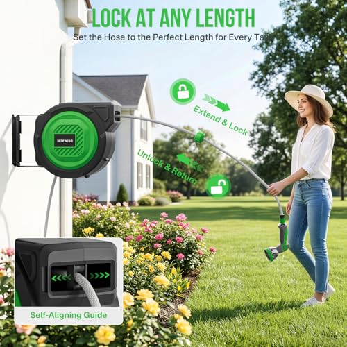 Retractable Garden Hose Reel, 5/16'' x 20m+2m Wall Mounted Hose Reel with 180° Swivel Bracket,10-Pattern Nozzle, Automatic Slow Return System, Any Length Lock, Hosepipes for Garden, Cleaning