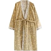 PRINCESS BRIDE Yarn-dyed Cotton Jacquard Elegant Kimono Robe Traditional Loose Yukata Bathrobe Mid-Length Loungewear for Women 165/88A/L(Yellow)