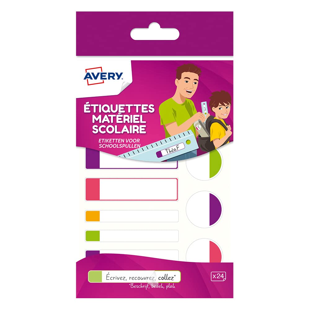 Avery Pack of 24 Laminated Labels Blanc avec Bordure Fluo Rose/Violet/Vert/Orange