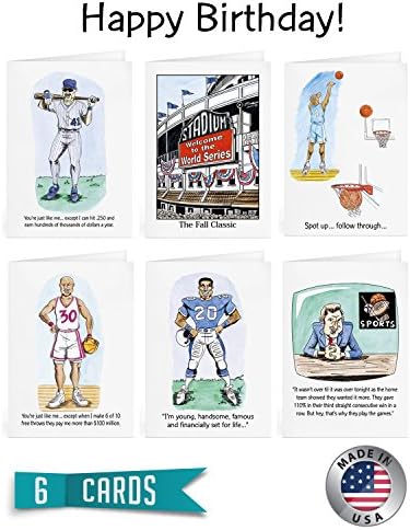 Sport Card Greetings-CLEARANCE SALE! Six Funny, Happy Birthday Cards in 6 Unique Designs with White (Slightly Imperfect) Envelopes