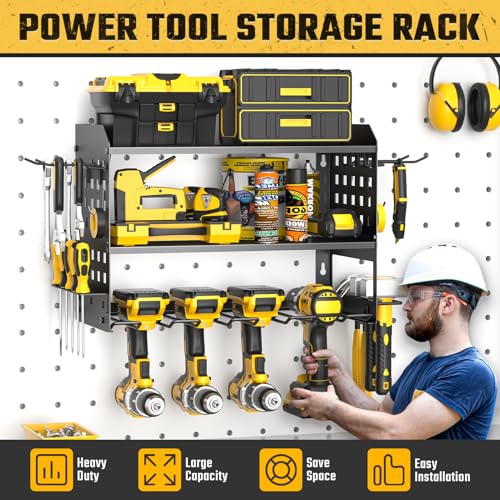 Yeabett 3 Level Tool Wall Mount, Tool Storage for 4 Power Tools, Tool Wall Mount for Garage, Workshop, 42.5 x 20 x 31 cm (Black)